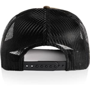 A black mesh trucker cap featuring a snapback closure at the rear.