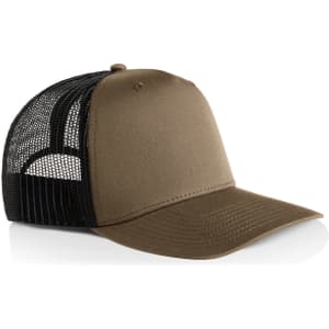 A brown trucker cap with a black mesh back and a curved brim, featuring a logo on the front.