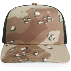 A trucker cap featuring a contrast camo pattern in earthy tones of beige, brown, and green, with a mesh back.