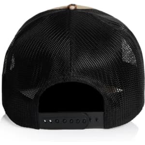 A black mesh trucker cap with a beige front panel and adjustable snapback closure at the rear.