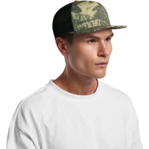 A camo trucker cap with a black mesh back, featuring a design in shades of green and tan.
