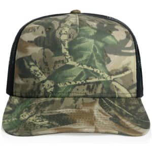 A camo trucker cap featuring green and tan patterns with a black mesh backing and a solid front.
