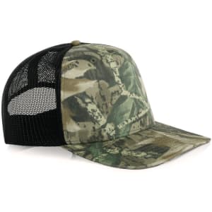 A camo trucker cap featuring a green and brown camouflage design with a black mesh back.