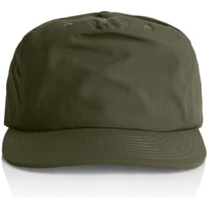 A green cap with a rounded top and a stiff brim, featuring a simple design and a logo on the front.
