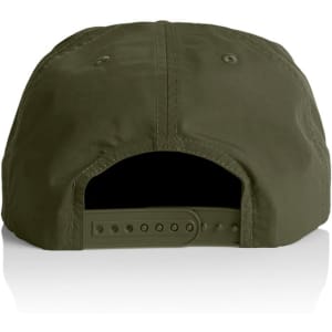 A green cap featuring an adjustable strap at the back and a subtle logo.