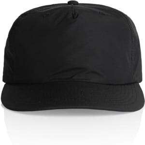 A black cap with a structured front and a curved brim, featuring a logo on the front.