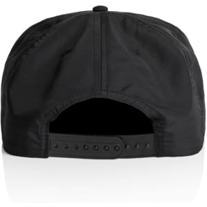 A black surf cap featuring a snapback closure and a textured fabric at the back. It has a logo.