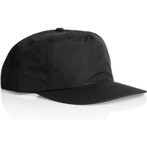 A black cap with a curved brim and a logo on the front, showcasing a sleek design.