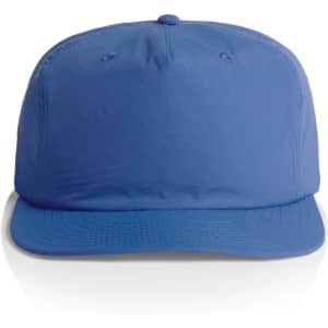 A blue cap with a flat brim and a logo on the front. It features ventilation holes on the top.