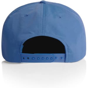 A blue cap with a flat brim and adjustable strap at the back, featuring a logo on the side.