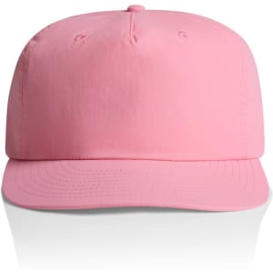A pink cap with a flat brim and an adjustable strap at the back, featuring a logo.