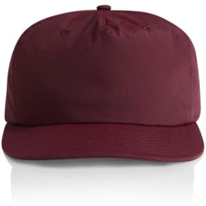 A maroon cap featuring a curved peak, with a logo on the front, presented against a plain background.