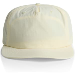 A pale yellow cap with a curved brim and a logo on the front. The design features a simple and clean aesthetic.