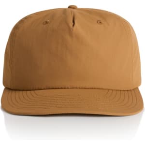 A cap in a warm brown colour with a curved brim and a logo on the front.