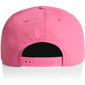 A pink cap with a flat brim and an adjustable strap at the back. It features a logo on the side.