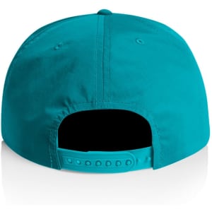 A turquoise cap featuring an adjustable strap at the back and a logo on the side.