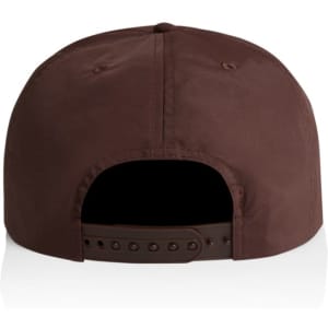 A brown cap, featuring a rear opening and an adjustable strap. It has a logo on the back.