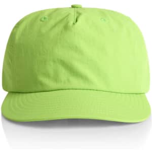A bright green cap with a curved brim and a logo on the front.