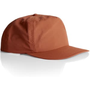 A brown cap with a curved brim and a logo, featuring a sleek design and smooth fabric finish.