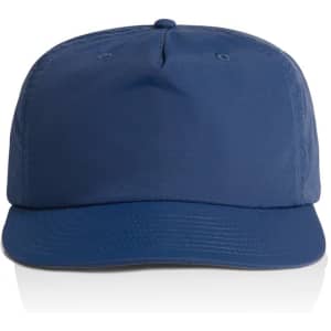 A navy blue cap with a flat peak and an adjustable strap at the back, featuring a logo.
