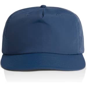 A navy blue cap featuring a flat brim and a structured design, with a logo on the front.