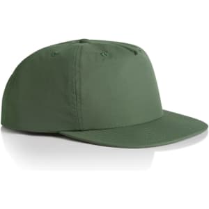 A green cap with a flat brim and a structured crown, featuring a logo on the front.