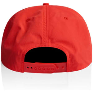 A red cap with an adjustable strap at the back, featuring a logo on the rear.