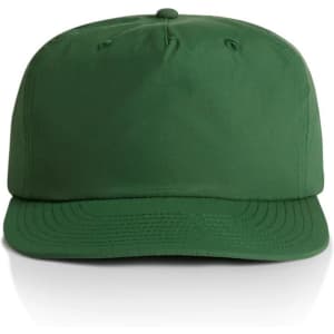 A green cap featuring a structured design and a front visor. Includes a logo on the front.