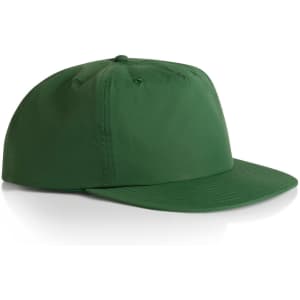 A green cap with a flat brim and a comfortable fit. Features stitching details and a logo.