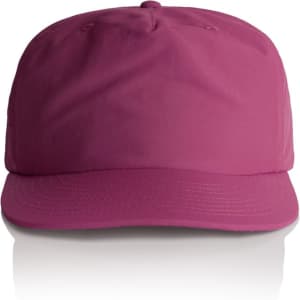 A pink cap with a curved brim and a logo on the front. The cap features a smooth fabric design.