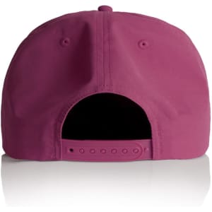 A pink cap with an adjustable strap at the back and a logo. The interior is black.