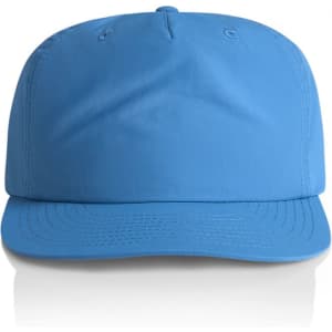 A blue cap with a curved peak and an adjustable back, featuring a logo on the front.