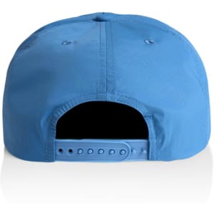 A blue cap with a snapback closure and a logo on the back.