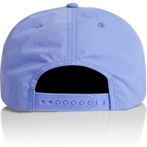 A light blue cap featuring a branded logo on the back and an adjustable strap for size fitting.