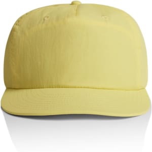 A yellow cap with a flat brim and a logo on the front, featuring ventilation holes on the top.