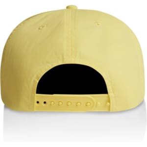 A yellow cap featuring a snapback closure and a logo on the back.