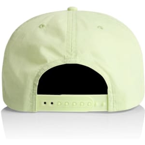 A light green cap featuring a branding logo and an adjustable strap at the back.