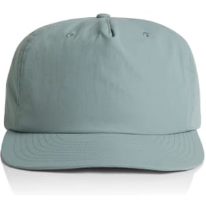 A light green cap featuring a structured design and a logo on the front. Suitable for headwear promotion.