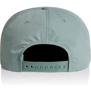 A peppermint green cap with a flat brim and adjustable back, featuring a branding logo.