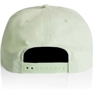 A green cap with an adjustable strap at the back and a logo. The cap has a soft, smooth texture.