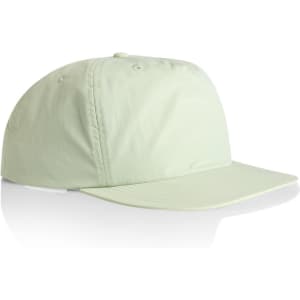 A light green cap with a flat brim and a logo on the side, designed for headwear and sun protection.