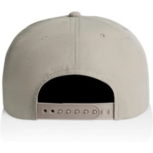A light grey cap with a plastic adjustable strap at the back, featuring a logo.