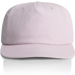 A pink cap with a flat brim and an adjustable strap at the back. It features a logo on the front.