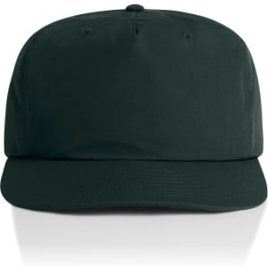 A dark green cap with a flat brim and no visible logos or branding. Features six panels and ventilation holes.