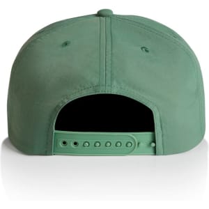 A green cap with a structured design and adjustable strap at the back. It features a logo.
