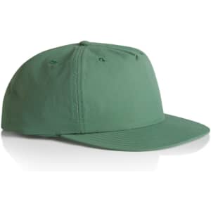 A green cap with a flat brim and ventilation holes, featuring a logo on the front.