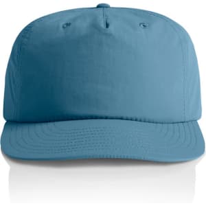 A blue cap with a structured design and a logo on the front.