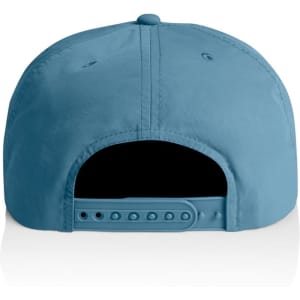A blue cap featuring a logo, viewed from the back with an adjustable strap.