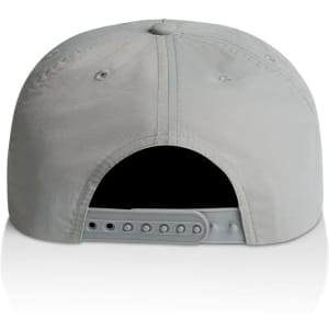 A grey cap featuring a rear adjustable strap and a branded logo.