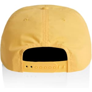 A yellow cap with a snapback closure and a plain black interior, featuring a logo on the back.